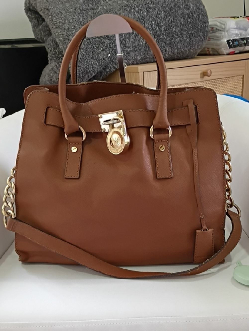 Michael Kors Cognac Leather Satchel with Gold-Tone Lock